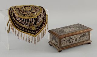 Turkish mirror bag embroidered with gold thread and an Indian rosewood and silver inlaid trinket box
