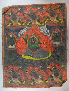 Tibetan Thangka painting depicting a central demon like figure with fire surrounding it and other si
