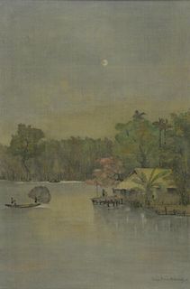 20th century watercolour on silk depicting a river landscape by moonlight in Malaysia, signed indist