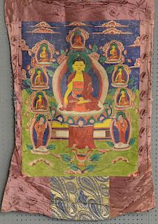 Tibetan Thangka painting depicting a central Buddhistic figure and others around it, 91cm x 64cm,