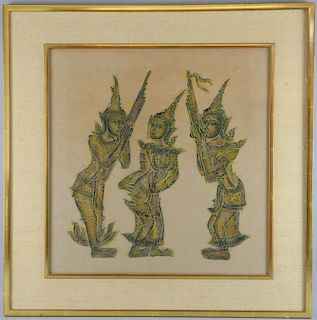 20th century Far Eastern brass rubbing of three figures, two playing pipes, 52.5cm x 51cm,