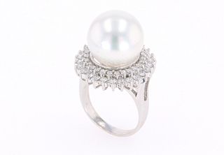 South Sea Pearl & Diamond 14k White Gold Ring