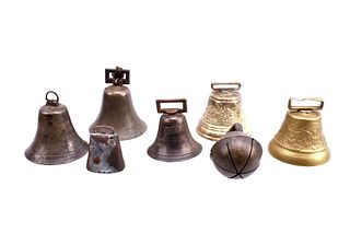 Seven Various Antique Brass Bells Collection