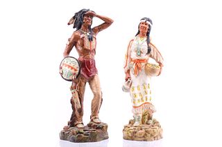 Indian Brave & Woman With Child Resin Statues