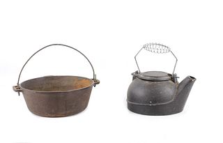1890s Large Cast Iron Water Kettle & Cast Iron Pot