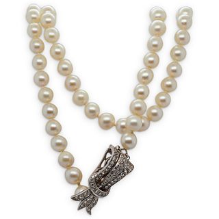 14K White Gold, Diamond, & Pearl Necklace
