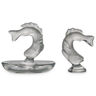 (2 Pc) Lalique Fish Pin Dish & Paperweight