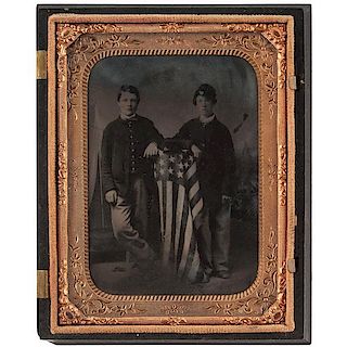 Quarter Plate Tintype of Two Boys in Military Uniforms, Posed with the American Flag 