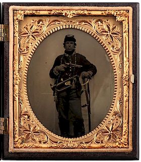 Civil War Sixth Plate Tintype of an Armed Union Musician 