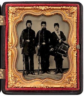 Civil War Sixth Plate Ambrotype of Three Soldiers, Including a Drummer and Two Armed with Muskets 