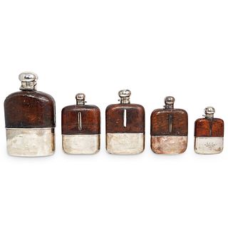 (5Pc) Victorian Sterling & Leather Flasks