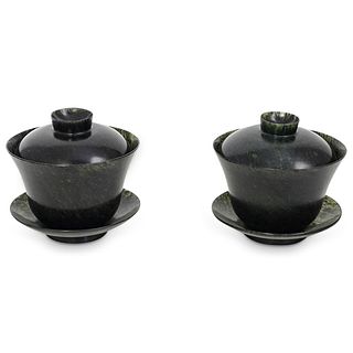 (2 Pc) Chinese Spinach Jade Lidded Cups