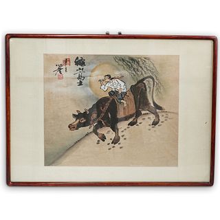 Chinese Boy on Ox Watercolor Scroll