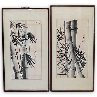 (2Pc) Antique Bamboo Scroll Painting