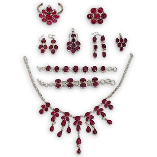 (11Pc) Sterling & Ruby Jewelry Set