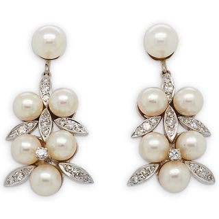 14K White Gold, Diamond & Pearl Earrings