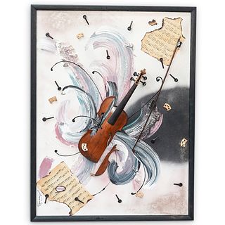 Signed Violin Mixed Media Painting On Canvas