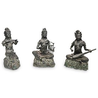 (3 Pc) Buddhist Bronze Guanyin Goddess Buddha Statues