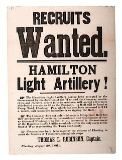 Civil War Recruitment Broadside, Hamilton Light Artillery, Flushing, New York 