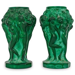 Art Nouveau Malachite Glass Nymph Vases