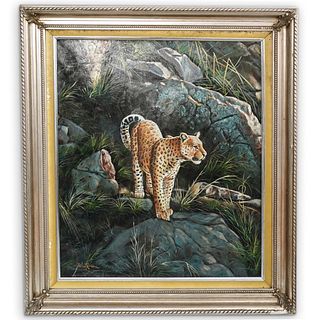 Signed Vintage Leopard Oil Painting