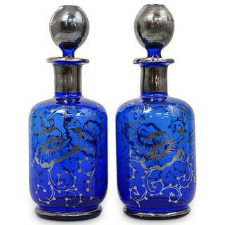 (2 Pc) Cobalt Blue Glass Bottles w/ Silver Overlaid