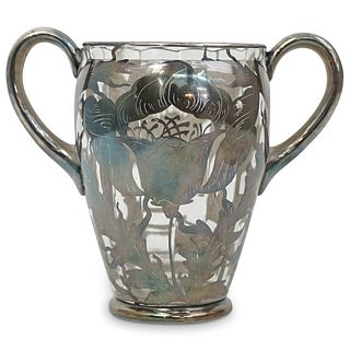 Art Nouveau Style Glass Vase w/ Silver Overlaid