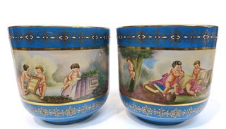 A Pair of Large Sevres Style Hand Painted Jeweled Vases