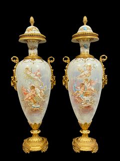A Pair Of 19th C Sevres Hand Painted Bronze Lidded Urns