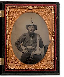 Quarter Plate Tintype of Uniformed Firefighter Posed With his Trumpet 