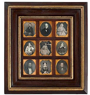 Daguerreotype Wall Frame Containing Nine Sixth Plates from the Same Family 