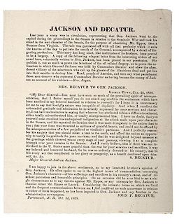 "Jackson and Decatur" Broadside with Printed Letters from John P. Decatur and Susan Decatur, 1828 