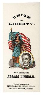 Abraham Lincoln, "Union and Liberty" Graphic Paper Lapel Badge, 1864 