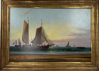 A Big Oil Painting Boats on the Ocean  Signed 