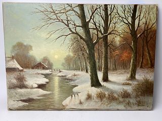 Wintery Stream w/ Cottages.  H Verhaaf