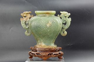 A Chinese Caved Jade Vase on the Wood Base
