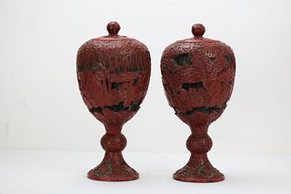 A Pair of Carved Chinese Cinnabar Vase