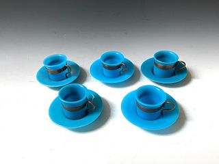 Sets of Five Blue Peking Glass Cups and Plate