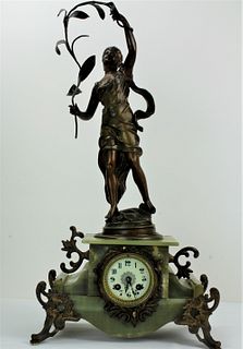 Antique Roseau Figural Clock  in Green Jade Base