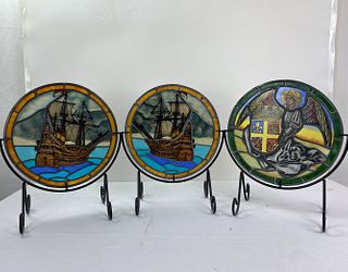 Three Fine Painting Leaded Stained Glass Panel