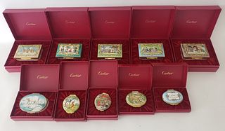 Collection of 10 Bilston and Battersea Covered Enamel Boxes