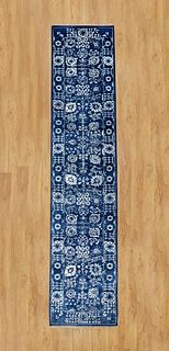 Hand Knotted Blue Tone on Tone Tabriz Wool and Silk Runner Carpet