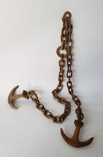 Antique Carved Folk Art Wood Sailor's Anchor and Chain Link Whimsy