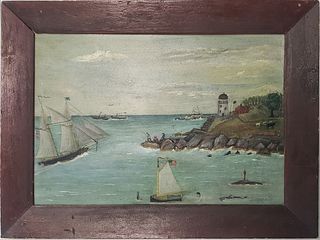 19th Century American Folk Art Painting, "View of A Busy Harbor"