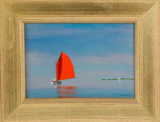 Robert Stark Jr. Miniature Oil on Canvas "Red Sail Off The Point"