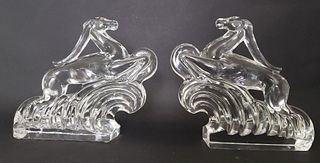 Pair of Sidney Waugh Signed Steuben Clear Crystal Jumping Gazelle Bookend Statues