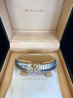 Bvlgari "Tubogas" Diamond Cuff Bracelet in Steel and 18k Gold
