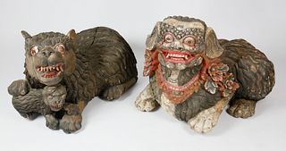 Two Carved and Polychromed Chinese Foo Lions and Pup, 19th Century