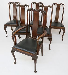 Set of Six Queen Anne Style Oak Dining Chairs