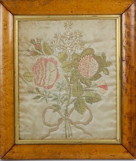Floral Needlework Embroidery on Silk, early 19th Century